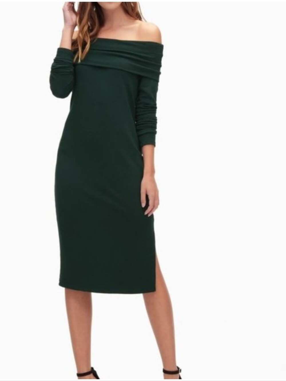 Splendid Dark Green Off-Shoulder Long Sleeve Midi Dress XS